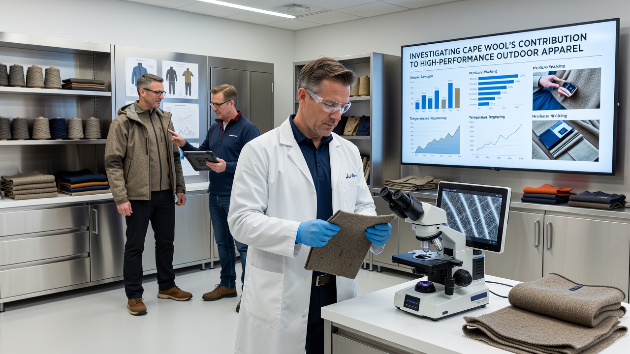 Researchers testing Cape wool apparel samples in a climate-controlled chamber simulating extreme cold and wind